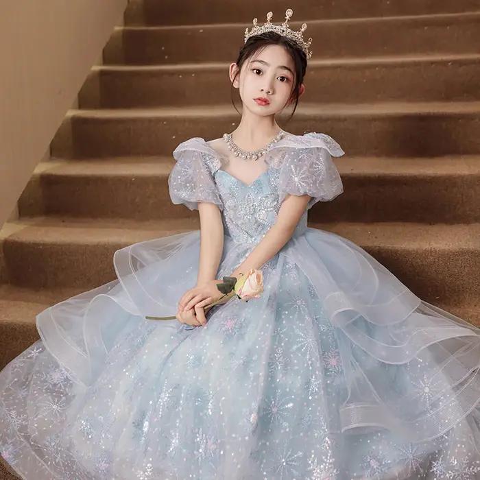 Robe de princesse bleue haut de gamme pour filles, robe de bal bouffante de luxe en Tulle, robe de s