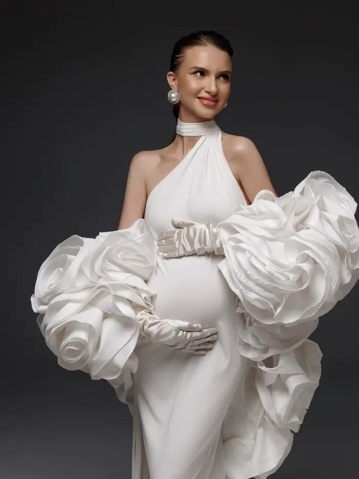Robe de maternité élégante ivoire avec cape pour séance photo, col halter, 2 pièces, robe de materni