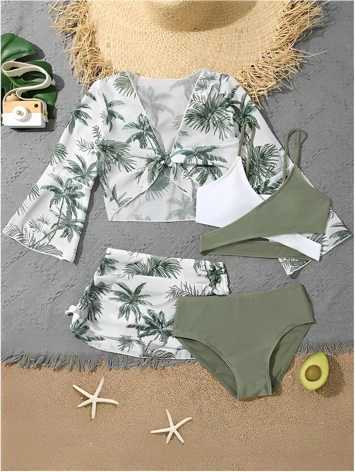 Ensemble 4 pièces haut de bikini et jupe 2026 pour filles, maillot de bain taille haute pour enfants