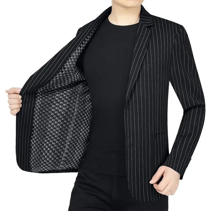 Blazer Homme Printemps-Automne Rayé Fin Col Rabattu Veste de Costume Respirante à Manches Longues av