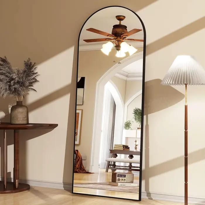Miroir de sol en arc de 65 po x 24 po, miroir mural pleine longueur avec support – Cadre en alliage