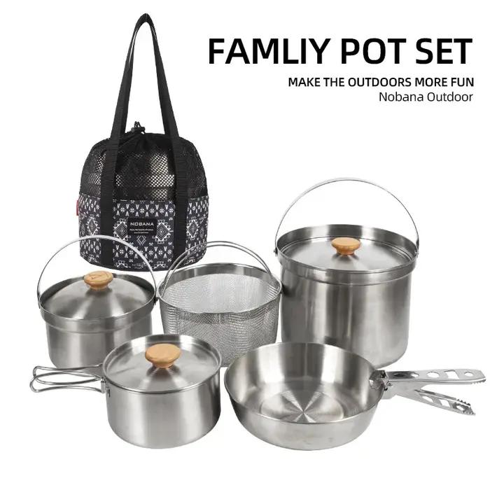 NOBANA plus récent ensemble de casseroles en acier inoxydable en plein air Camping famille Pot ensem