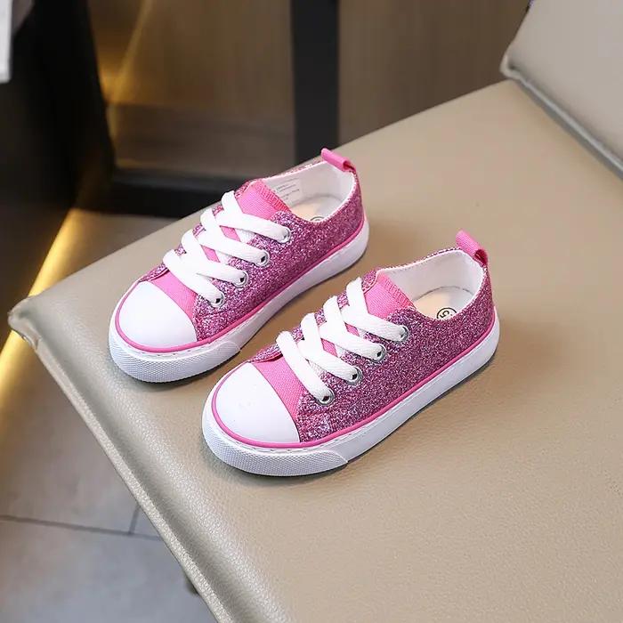 COMFY KIDS – chaussures basses en toile pour filles, Style princesse à paillettes roses, tissu respi