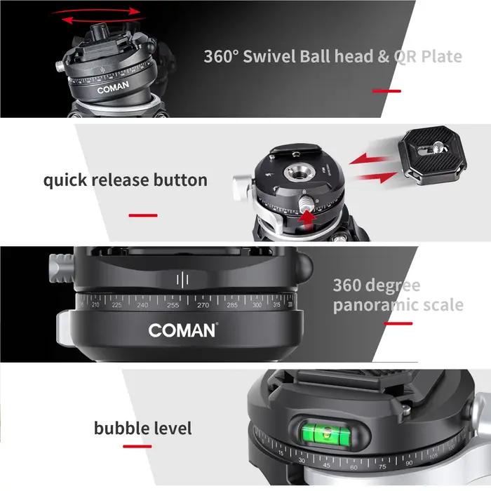 Trépied en fibre de carbone COMAN Zero F38 Travel avec rotation à 360° ° Tête sphérique panoramiqu