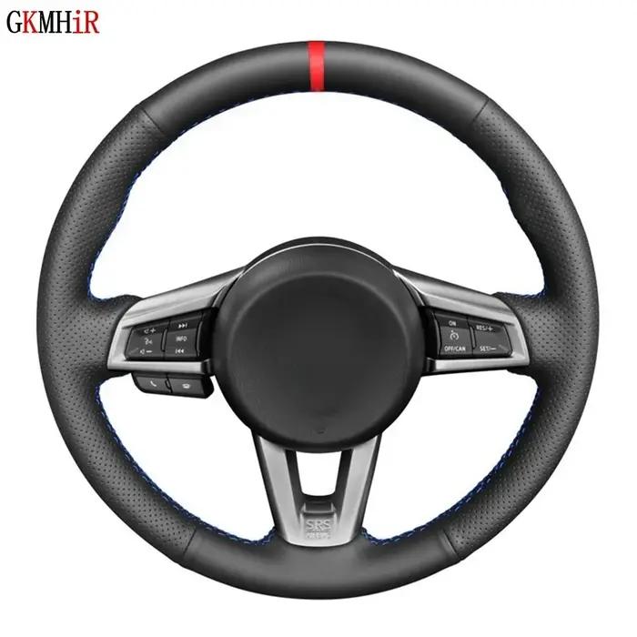 Housse de volant de voiture en cuir artificiel noir souple, cousue à la main, marqueur rouge, pour M