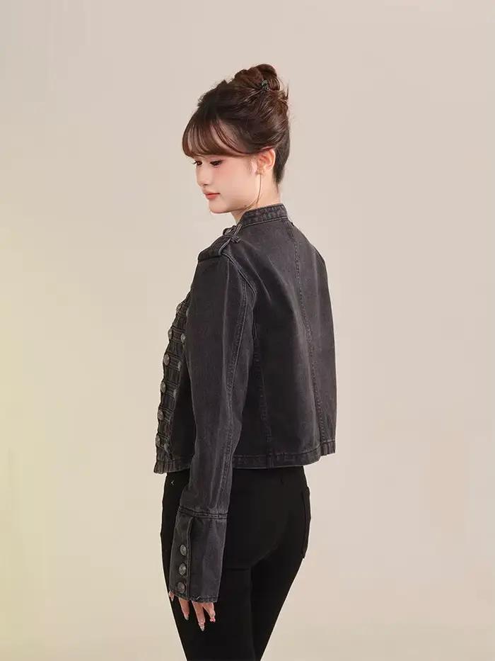 Veste courte en Denim rétro américain pour femmes, manteau de moto décontracté à manches longues et