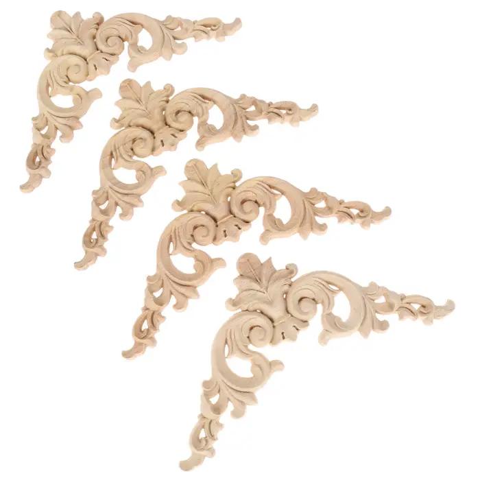 Autocollants d'angle sculptés en bois non peint, 4 pièces, embellissements de sculptures rétro pour