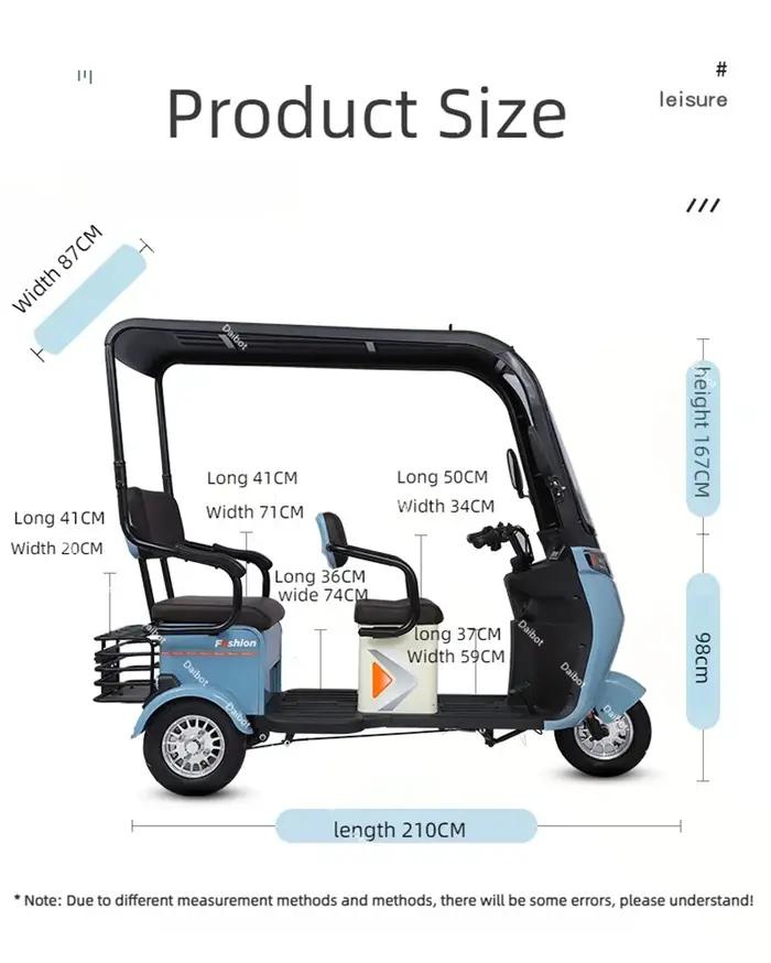 Scooter Électrique Parent-Enfant 3 Roues Toit Intégré 3 Sièges Longue Autonomie 50KM Adultes Femmes 1000W Tricycle Électrique Passager