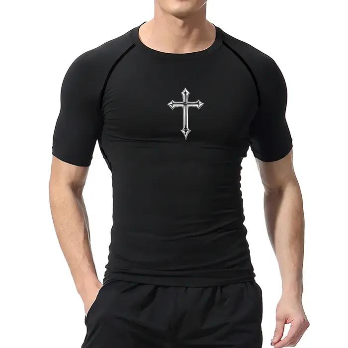 Chemise de compression à imprimé croisé pour hommes, t-shirt athlétique chrétien, hauts d'entraîneme