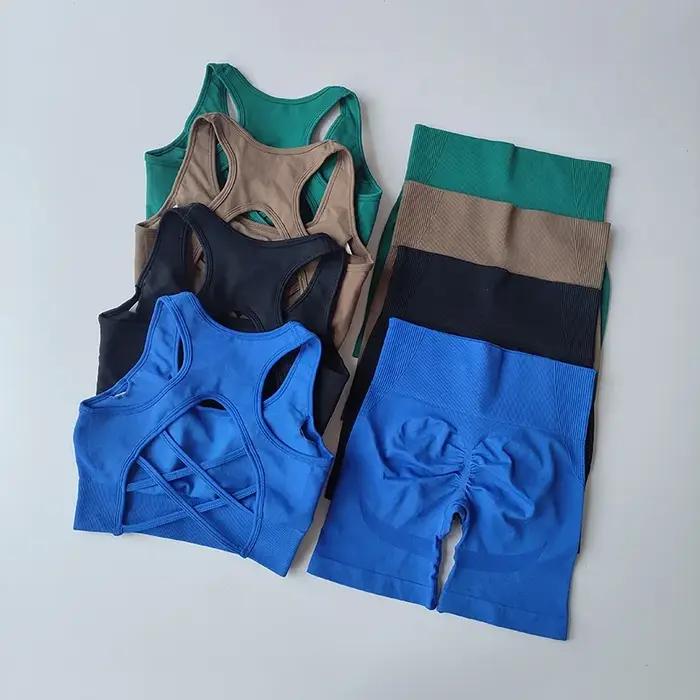 Ensemble yoga femme 2 pièces sans couture - Soutien-gorge sportif et short taille haute - Fitness