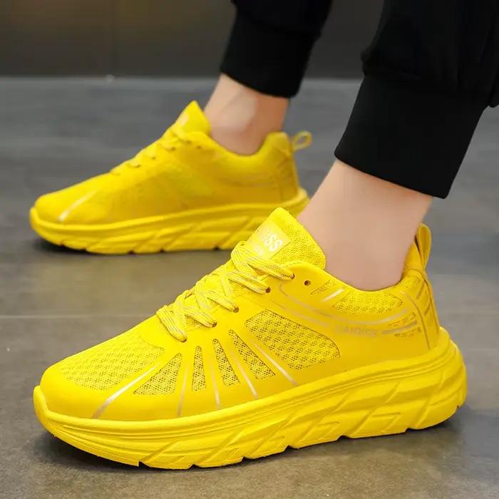 Chaussures de course respirantes en maille pour couple, baskets athlétiques jaunes à la mode pour ho