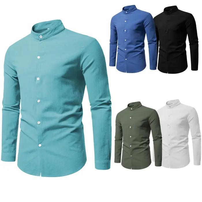 Printemps hommes à manches longues col montant couleur unie chemise décontractée hommes pur coton mo