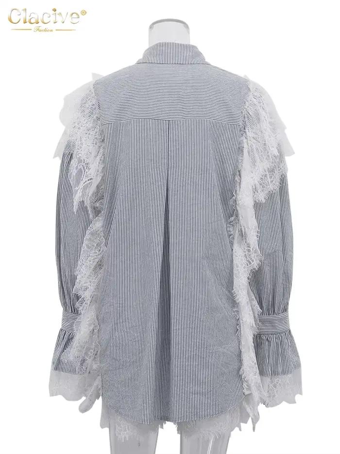 Clacive mode ample gris rayure dentelle épissé femmes deux pièces ensemble élégant à manches longues