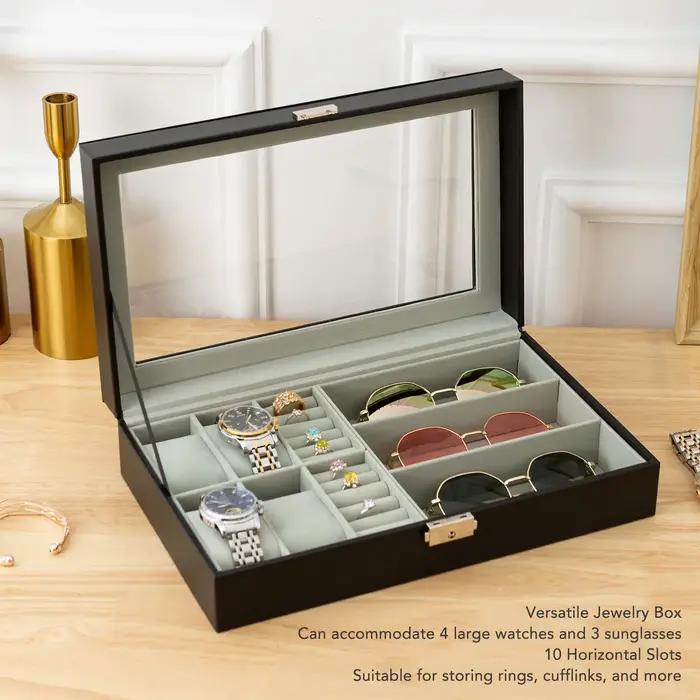 Boîte à bijoux pour hommes organisateur polyvalent pour montres lunettes et bagues avec décoration métallique pour rangement et protection des accessoires masculins