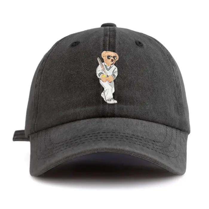 Casquette de baseball délavée à imprimé ours pour adultes, chapeau de papa réglable et doux, style r