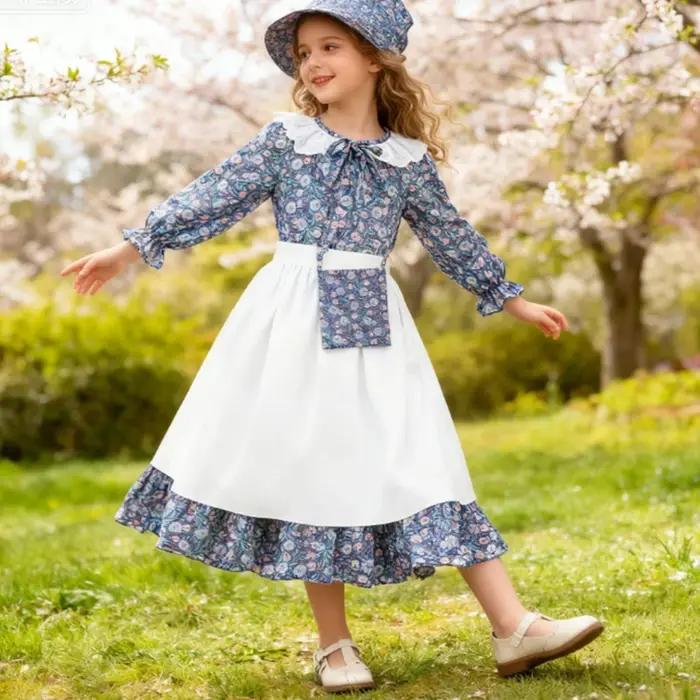 Costume de fête de carnaval pour filles, robe de princesse à fleurs pour enfants, robe pionnière des