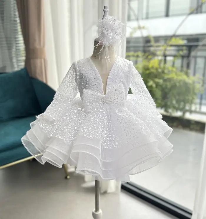 Robe à paillettes pour filles, élégante et unique, à fleurs, robe de soirée de mariage pour enfants,