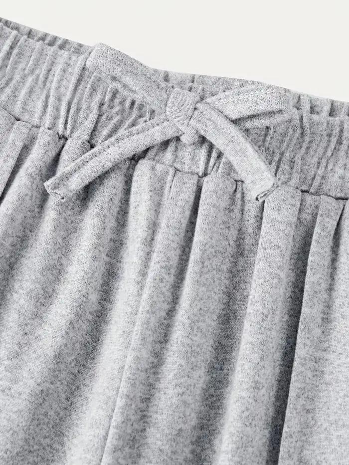 Ensemble 2 pièces en tricot gris pour filles – Haut court froncé à boutons sur le devant et pantalon