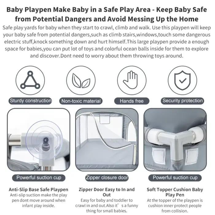 Parc de jeu pour bébé gris clair avec anneaux de traction, barrière de sécurité pour enfant, boîte à