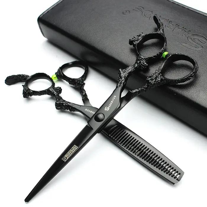 Sharonds-Ciseaux de Coupe Professionnels en Acier 440c, 6/7/8 Argent, Manche Dragon Noir, pour Salon