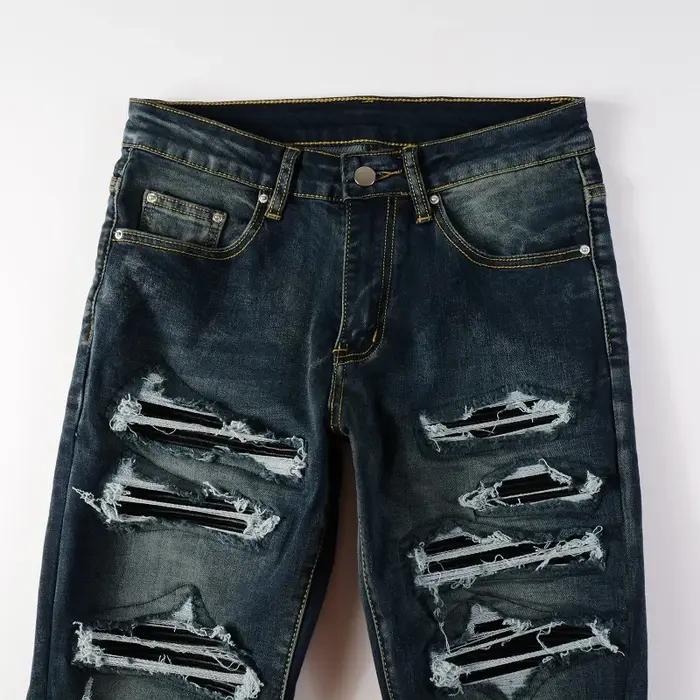 Jean en Denim pour hommes, patchs en cuir noir, Streetwear, pantalon slim conique, trous déchirés, p