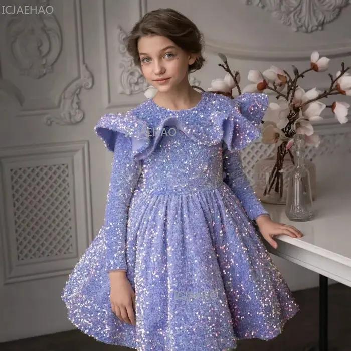 Robe de Princesse à Manches Longues et Paillettes pour Filles, Tenue de Cérémonie pour Fêtes du Nouv