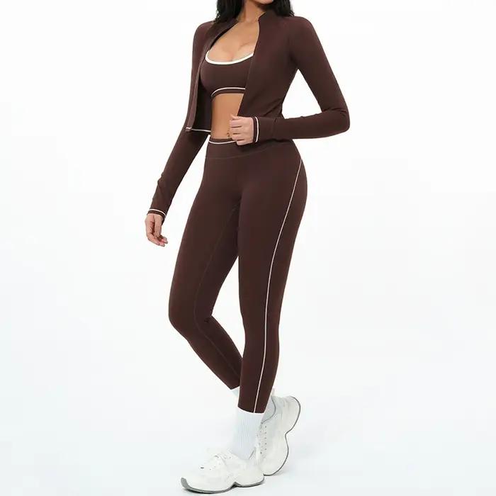Ensemble de yoga 3 pièces avec fermeture éclair, tenue de sport d'extérieur, survêtement de gym pour