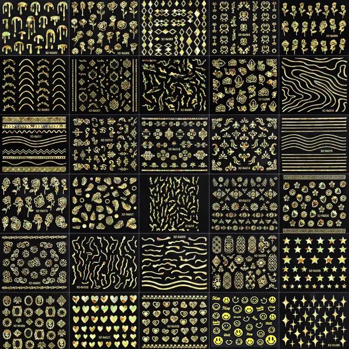 6/30 autocollants pour ongles 3D laser doré rétro, motifs floraux, étoiles, cœurs, feuilles, décorat