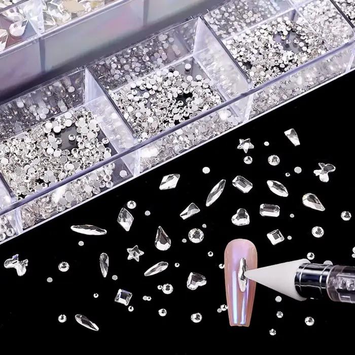 Boîte à strass à 21 grilles, mélange de diamants pour ongles, verre plat en forme de diamant, bricol