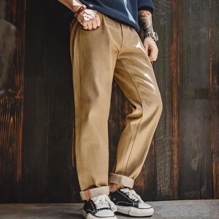 Maden hommes Vintage 11.7oz lisière jean brut kaki jambe droite coton Cowboy pantalon décontracté Zi