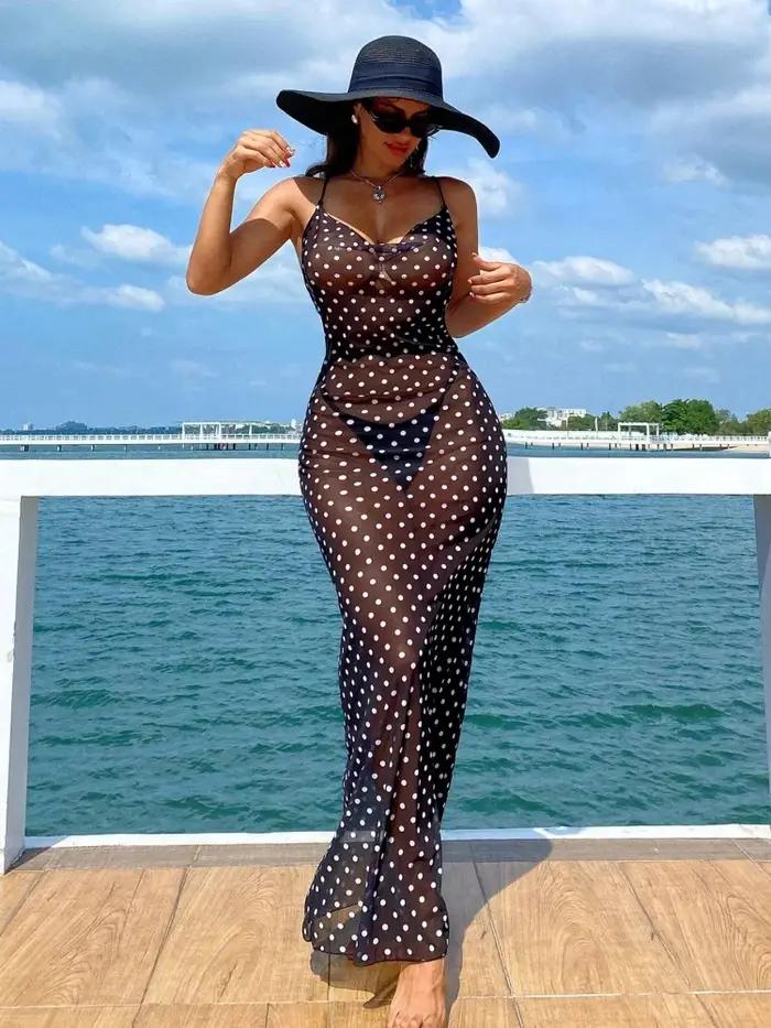 Maillot de bain une pièce 2026 NOUVEAU Noir à pois, sexy, en maille semi-transparente, avec jupe lon
