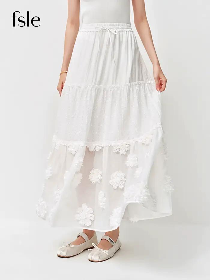 Jupe midi superposée FSLE 2026 pour femme, jupe trapèze blanche brodée de fleurs 3D pour un style ré