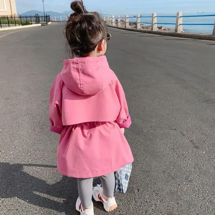 Veste coupe-vent à capuche rétractable pour filles, style long, collection printemps-automne, très v