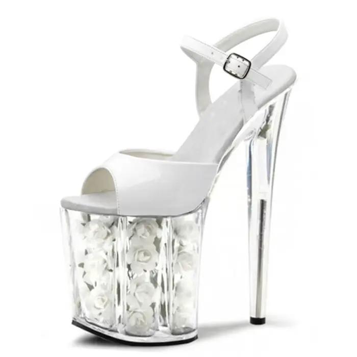Chaussures de mariage à talons roses de 20CM, sandales à plateforme en cristal rouge avec fleurs fra