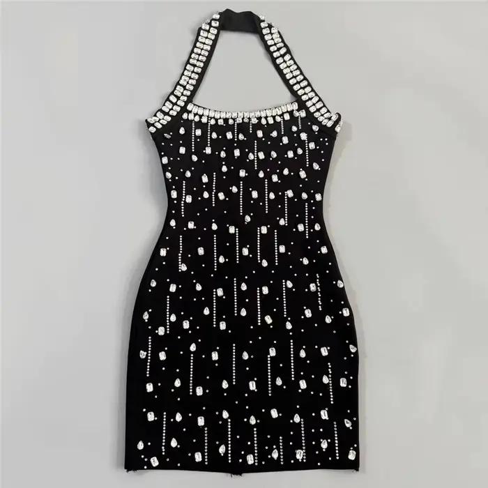Robe de soirée mini pour femme, style halter, ornée de strass et de diamants, idéale pour les clubs