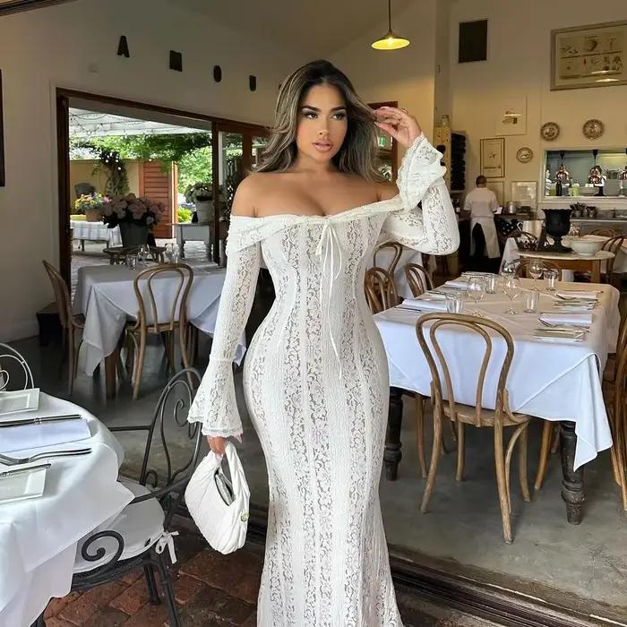 Oligai Robe Longue Dentelle Blanche Femme 2024 - Robe Épaules Dénudées Manches Évasées Bodycon pour