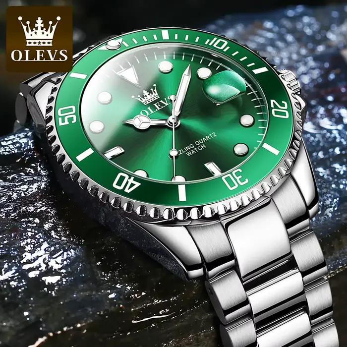 OLEVS 5885 montres pour hommes affaires bracelet en acier inoxydable montre à Quartz vert calendrier