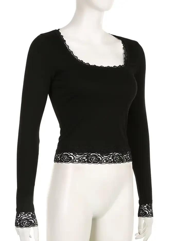T-shirt manches longues pour femmes, Vintage, fée Grunge, garniture en dentelle, Slim, convient aux