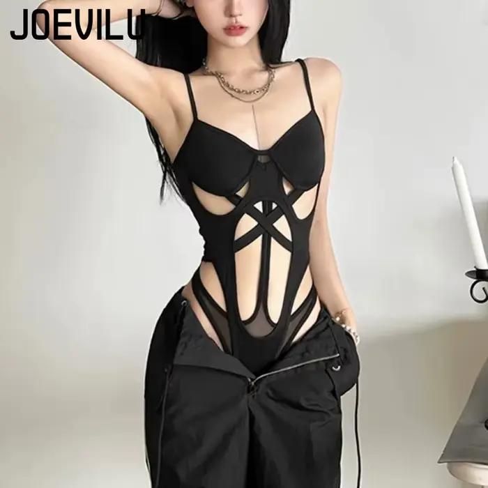 Body noir Y2K pour femmes, ajouré, Sexy, hauts sans manche, bretelles Spaghetti, Streetwear, combina