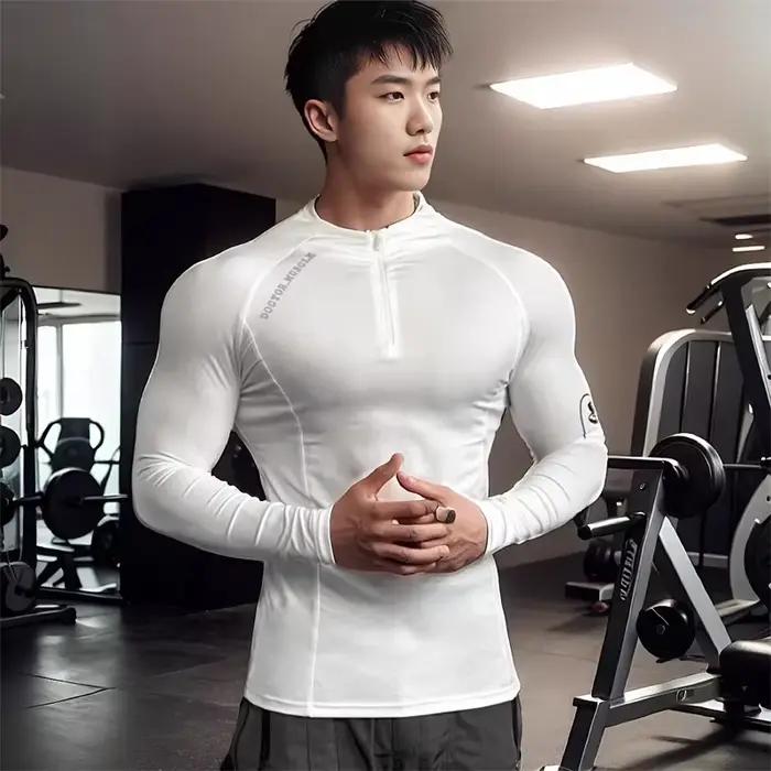 Haute qualité fermeture éclair col rond hauts sport printemps automne fitness T-shirt hommes à manch