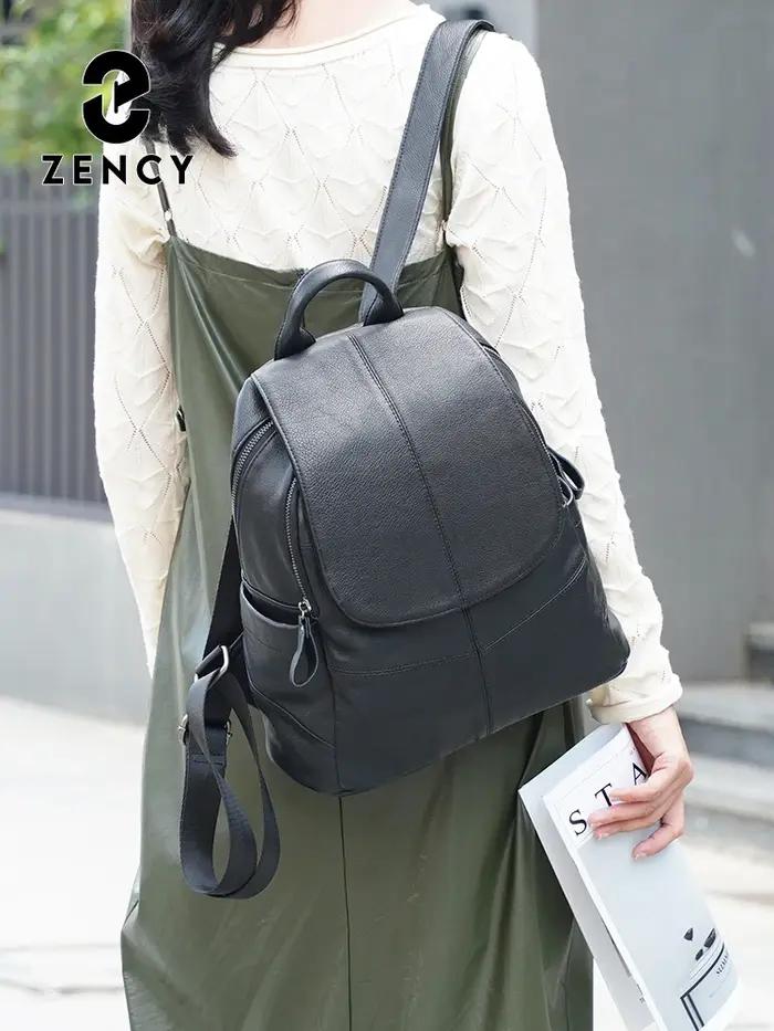 Zency Sac à dos 100% cuir véritable pour femme, sac à dos noir pour le voyage et le travail