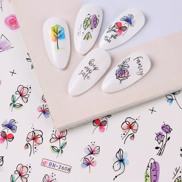 Autocollant de fleurs d'encre pour Nail Art, 12 pièces, décalcomanie d'eau d'été, fleurs en fleurs,