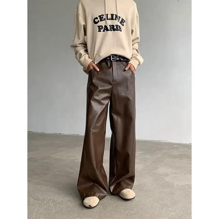 Pantalons en cuir PU pour hommes, Punk américain, mode Hip Hip, jambes larges, coupe-vent, marron fo