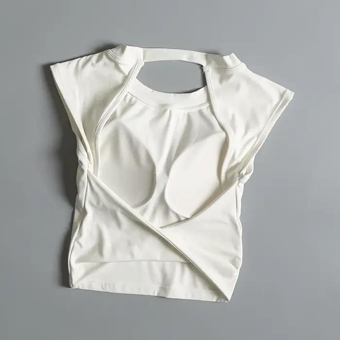 T-shirt sport femme dos nu coussin poitrine ajustement serré séchage rapide pour yoga fitness et entraînement