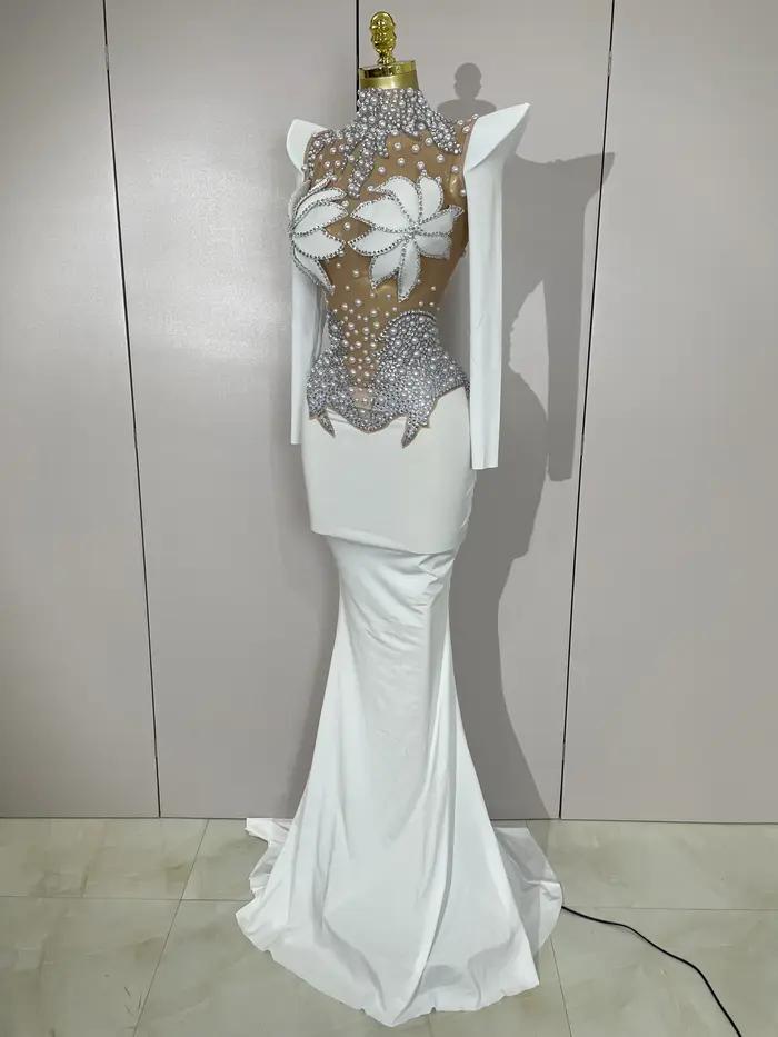 Robe longue de luxe en maille transparente pour femmes, diamants scintillants, blanc perle, robe de