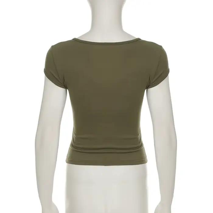 SUCHCUTE rétro Geen broderie florale col en V manches hauts Y2k femmes mince T-shirt Chic Streetwear