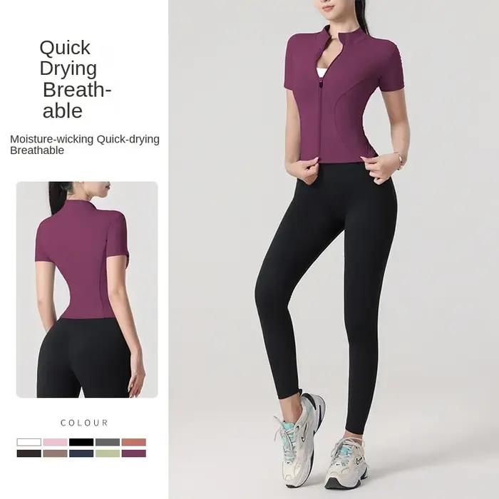 Veste de yoga à manches courtes, haute élasticité, col montant, veste de sport serrée, nue, fitness,