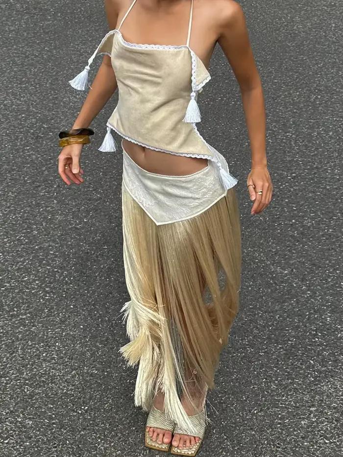 Kliou Sexy Mode Jupes Costumes Femme Halter Bandage Dos Nu Irrégulière Crop Tops + Gland Décoration