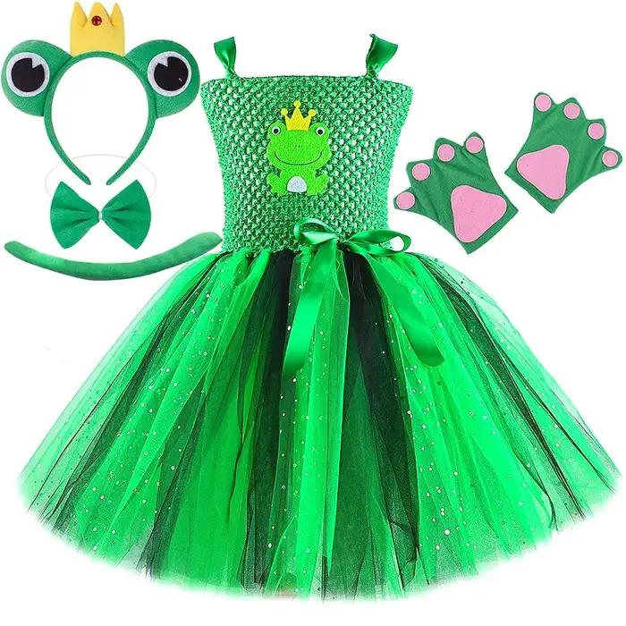 Robes de princesse grenouille verte scintillante pour petites filles, déguisement d'anniversaire pou