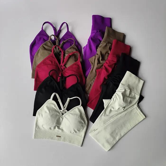 Ensemble de Fitness sans couture pour femmes, soutien-gorge, col en v, Leggings, Yoga, exercice à sé